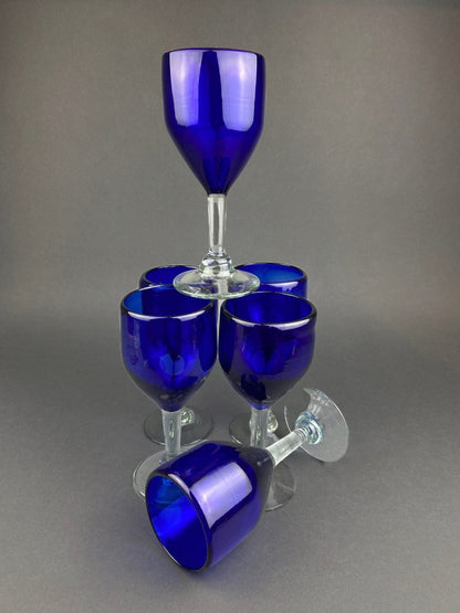 Cobalt Blue Hand Blown Stemware. Set of Six Heavy Spanish/Mexican Style Stemed Glasses. Primitive Drinkware. Stylish Barware. - I Bought a Yard Sale