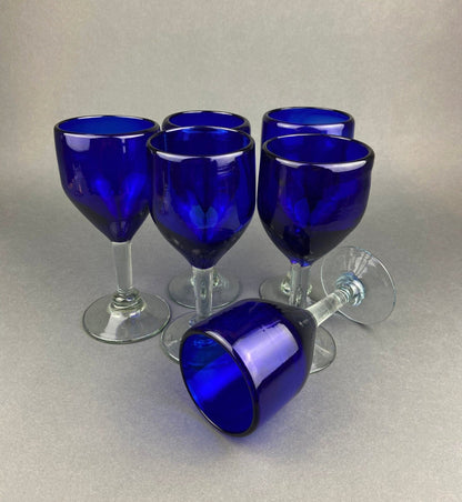 Cobalt Blue Hand Blown Stemware. Set of Six Heavy Spanish/Mexican Style Stemed Glasses. Primitive Drinkware. Stylish Barware. - I Bought a Yard Sale