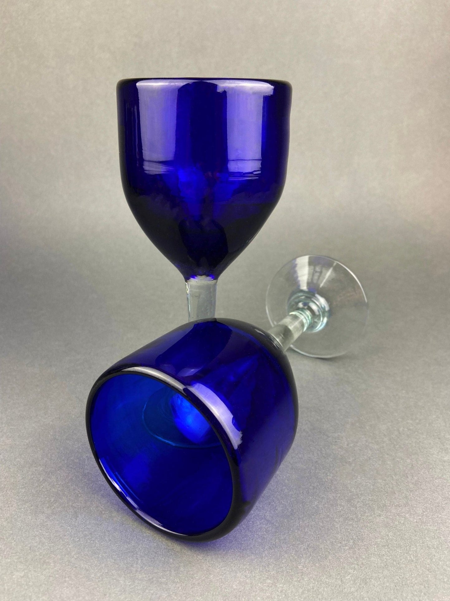 Cobalt Blue Hand Blown Stemware. Set of Six Heavy Spanish/Mexican Style Stemed Glasses. Primitive Drinkware. Stylish Barware. - I Bought a Yard Sale