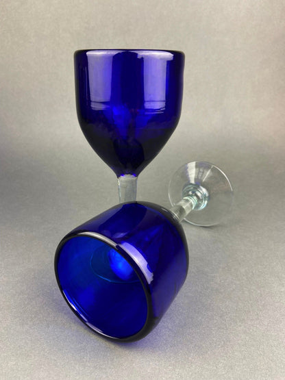 Cobalt Blue Hand Blown Stemware. Set of Six Heavy Spanish/Mexican Style Stemed Glasses. Primitive Drinkware. Stylish Barware. - I Bought a Yard Sale