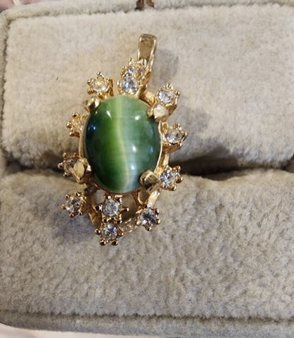 Elegant Pendent with Green Tigers eye gemstone accented with sparking clear stone - I Bought a Yard Sale