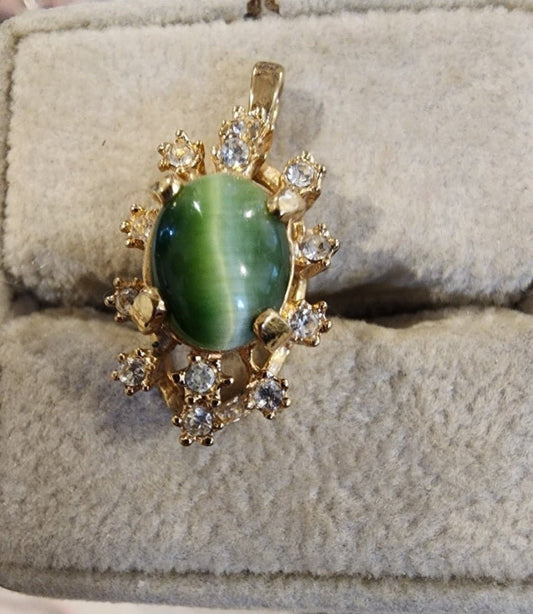 Elegant Pendent with Green Tigers eye gemstone accented with sparking clear stone - I Bought a Yard Sale