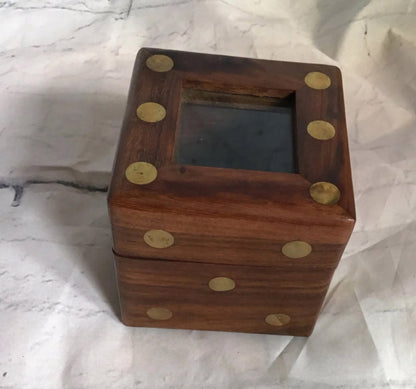 Elevate Your Game Nights: Handcrafted Wooden Dice Box with 5 Brass Inlaid Dice - I Bought a Yard Sale
