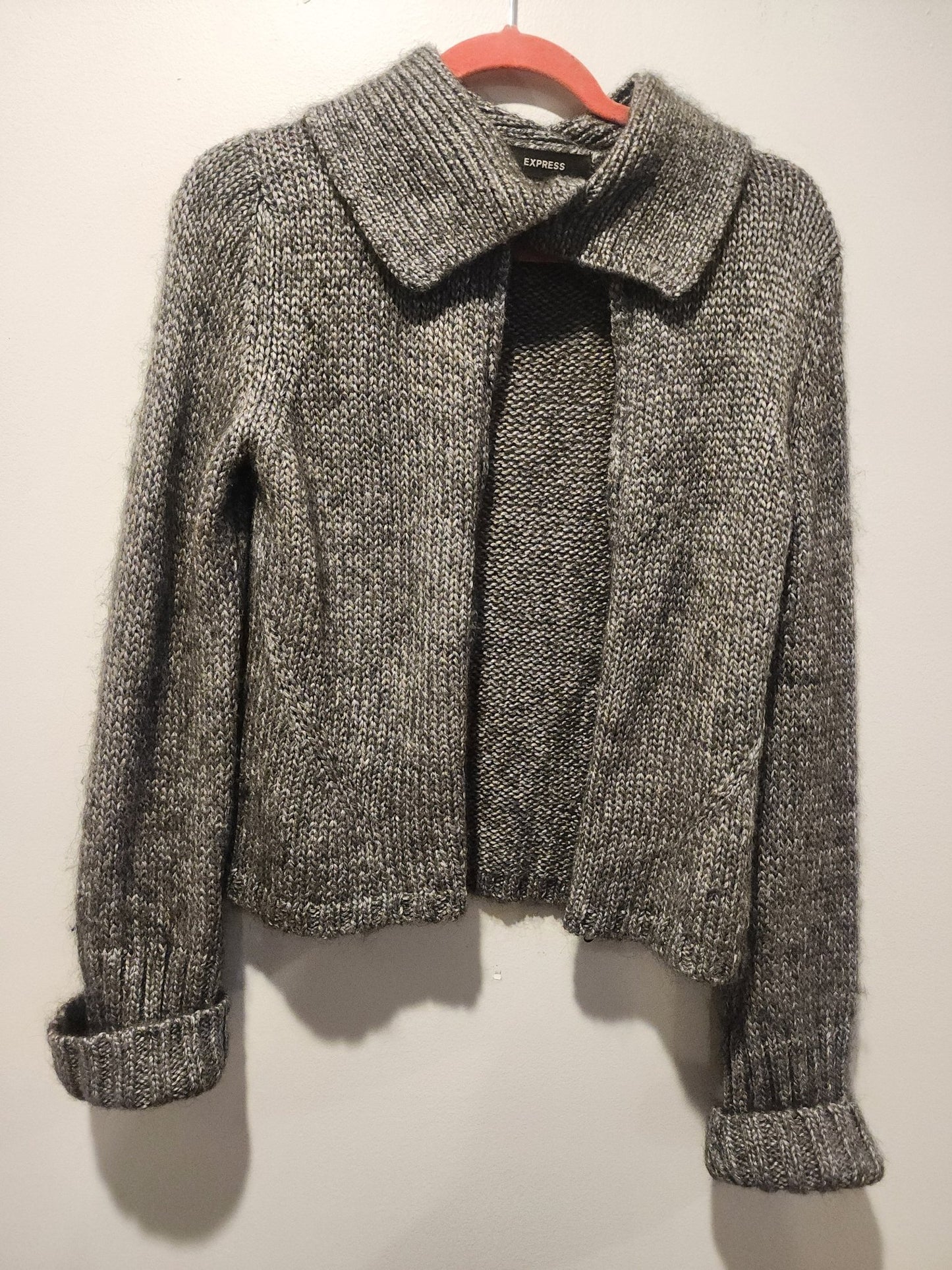 Express Vintage Gray Knit Sweater Jacket L Zipper Cropped Marled Wool Blend - I Bought a Yard Sale
