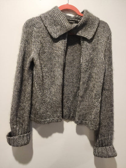 Express Vintage Gray Knit Sweater Jacket L Zipper Cropped Marled Wool Blend - I Bought a Yard Sale