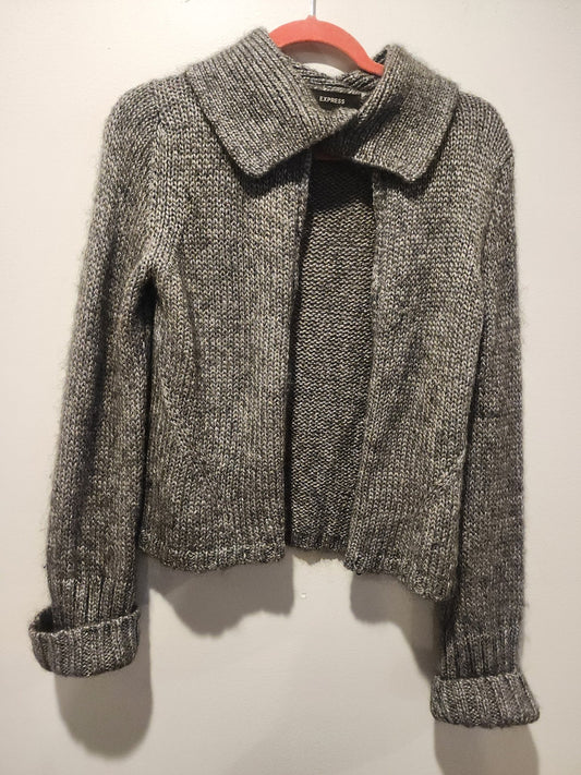Express Vintage Gray Knit Sweater Jacket L Zipper Cropped Marled Wool Blend - I Bought a Yard Sale