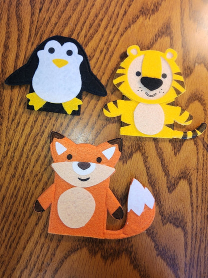 Handmade Felt Finger Puppet Trio Fox, Tiger & Penguin for Kids' Imaginative play - I Bought a Yard Sale