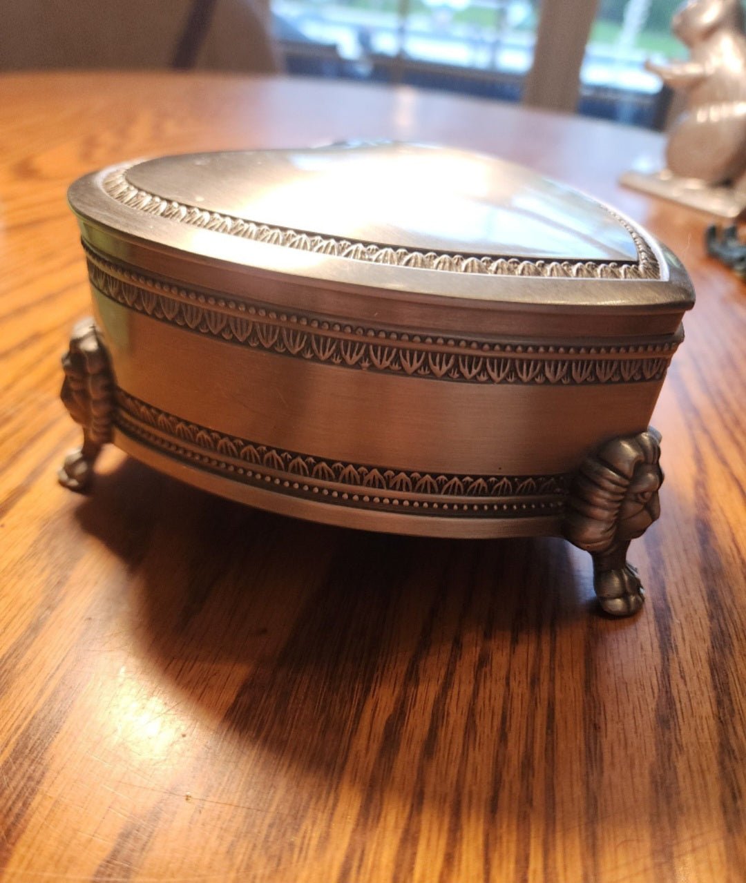 Heart Shape Pewter Metal Jewelry Box Lion Face & Paw Footed - I Bought a Yard Sale