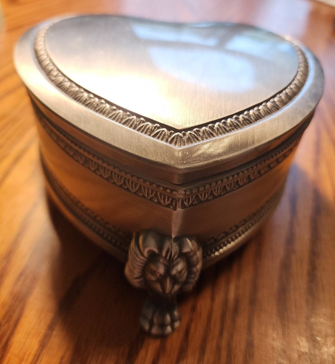 Heart Shape Pewter Metal Jewelry Box Lion Face & Paw Footed - I Bought a Yard Sale