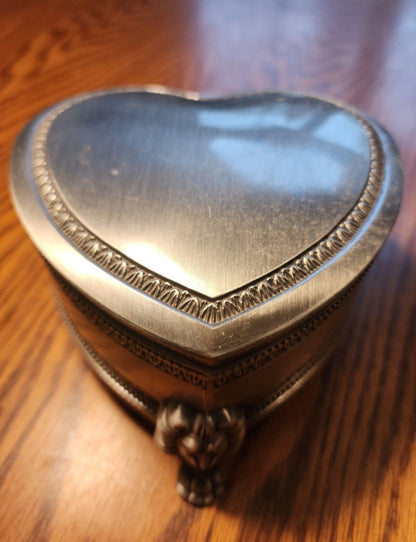 Heart Shape Pewter Metal Jewelry Box Lion Face & Paw Footed - I Bought a Yard Sale