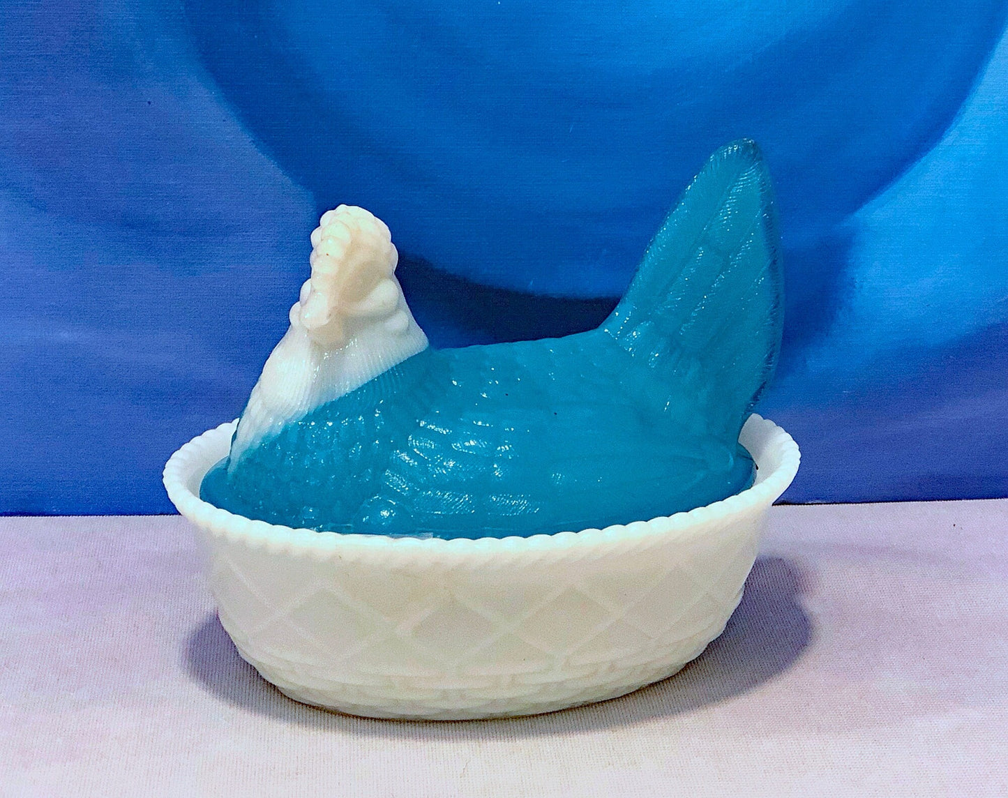 White and Blue Glass Hen in a Basket. Milk Glass Chicken Sitting on Eggs in a Basket. Butter Dish, Storage Bowl with Lid. Collectible Hen.
