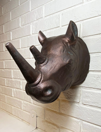Distressed Bronze Rhino Head Wall Hanging, Safari Decor