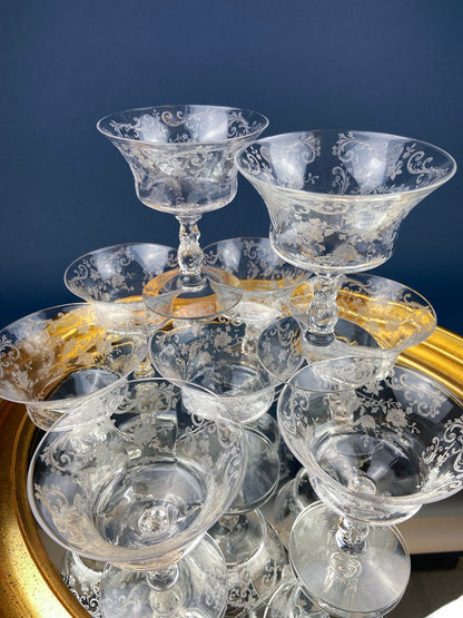 Cambridge Chantilly Low Sherbet Wine Glasses. Set of Nine Champagne Stemware. Vintage Collectible Glasses.