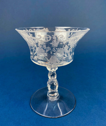 Cambridge Chantilly Low Sherbet Wine Glasses. Set of Nine Champagne Stemware. Vintage Collectible Glasses.