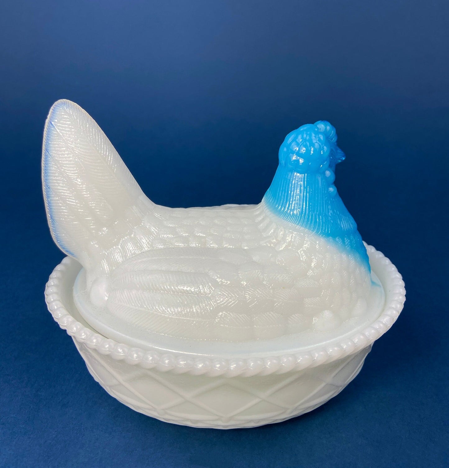 White and Blue Glass Hen in a Basket. Milk Glass Chicken Sitting on Eggs in a Basket. Butter Dish, Storage Bowl with Lid. Collectible Hen.
