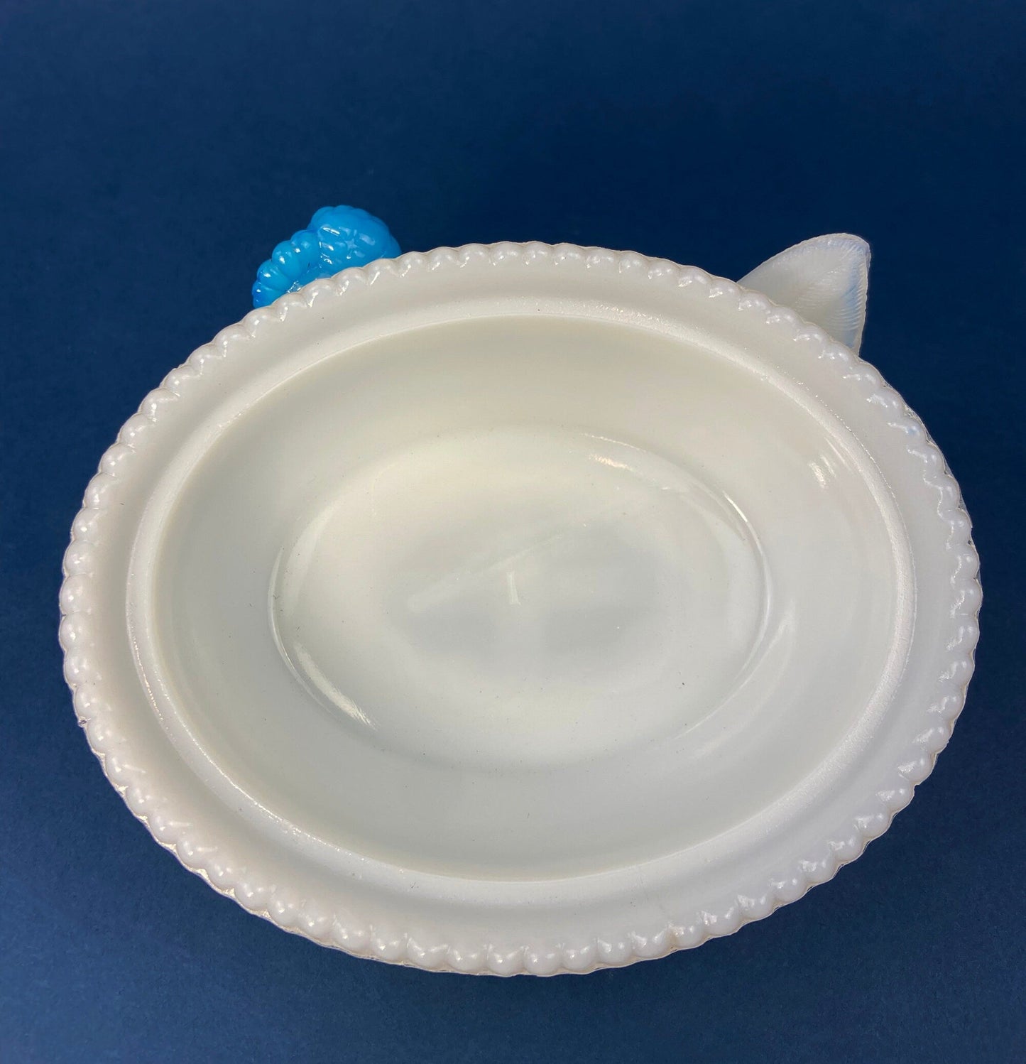 White and Blue Glass Hen in a Basket. Milk Glass Chicken Sitting on Eggs in a Basket. Butter Dish, Storage Bowl with Lid. Collectible Hen.