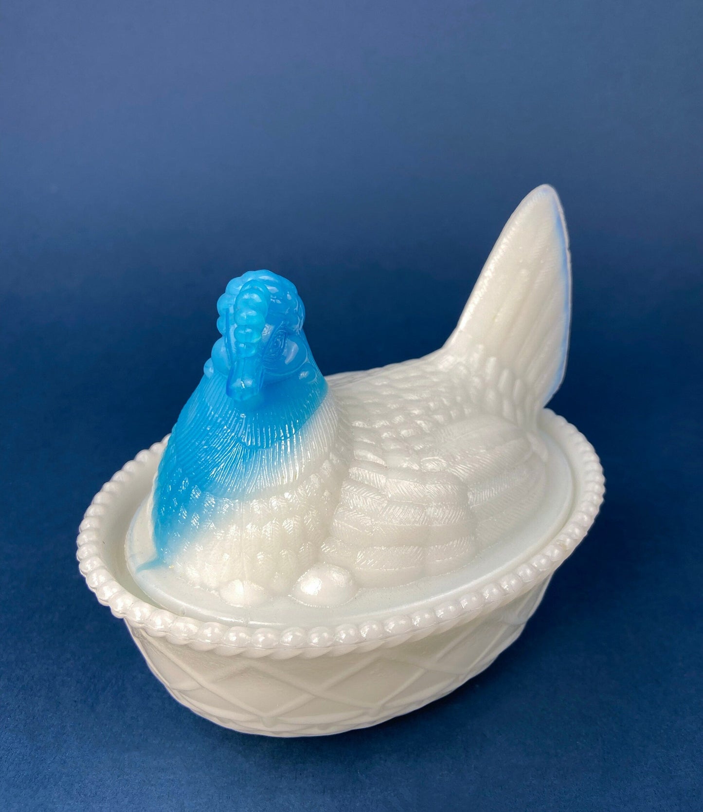 White and Blue Glass Hen in a Basket. Milk Glass Chicken Sitting on Eggs in a Basket. Butter Dish, Storage Bowl with Lid. Collectible Hen.