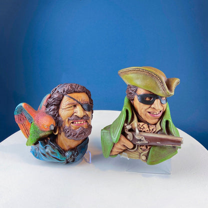 Vintage Chalkware Heads of Pirate with Parrot and Highwayman with Pistol. Life Like Caricatures of Pirate & Bandit. Wall Hangings/Wall Art.