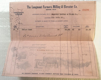 Antique 1921 Longmont Farmers Milling Voucher Check Unearthed