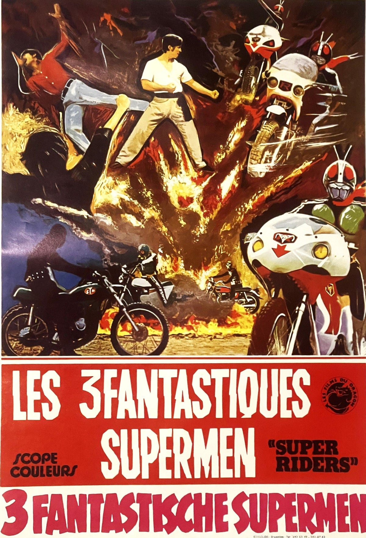 Vintage Belgian Movie Poster Super Riders 🤖 1976 Les 3 Fantastiques Supermen Kamen Rider Tokusatsu
