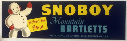 Vintage Snoboy Snowman Crate Label ❄️ Mountain Bartletts Pear Advertising Art, Los Angeles Calif