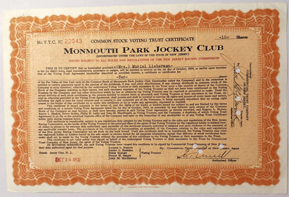 Vintage 1940s–1950s Monmouth Park Jockey Club Stock Certificate 🏇 Postwar Jersey Shore Horse Racing