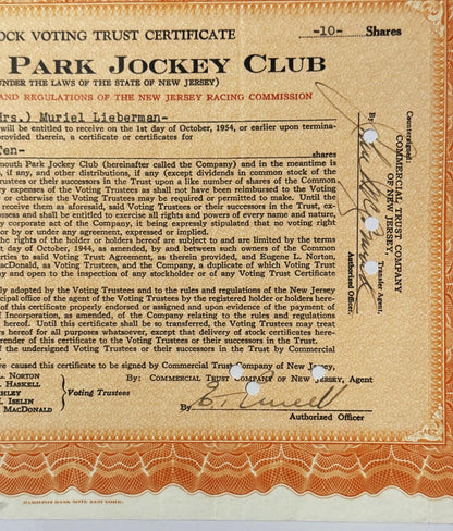 Vintage 1940s–1950s Monmouth Park Jockey Club Stock Certificate 🏇 Postwar Jersey Shore Horse Racing