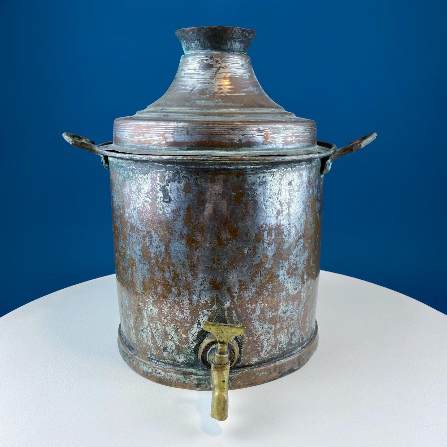 Hand Pounded Tin Copper Turkish Beverage Dispenser with Brass Spigot & Handles. Rustic Jug.