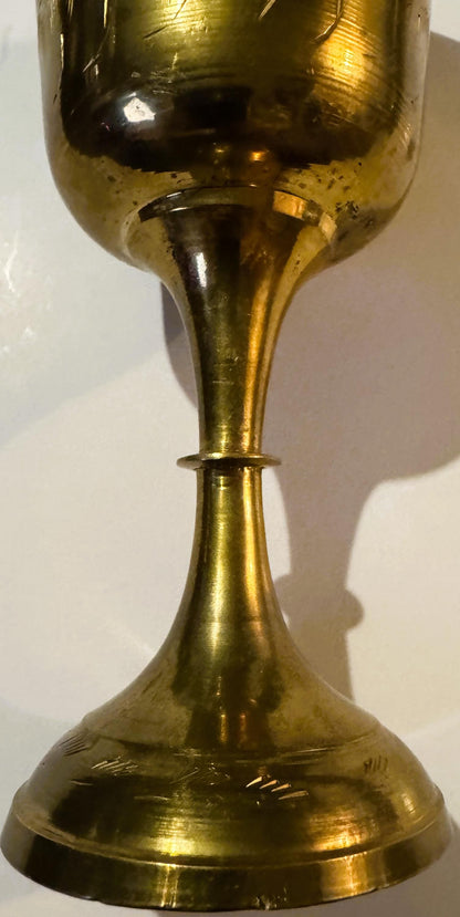 Vintage Etched Brass Goblet Chalice 🏺 Indian Bright-Cut Engraving INDIA Scratch Mark to Base