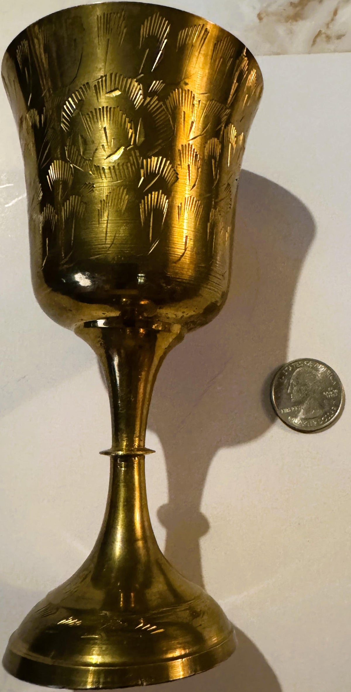 Vintage Etched Brass Goblet Chalice 🏺 Indian Bright-Cut Engraving INDIA Scratch Mark to Base