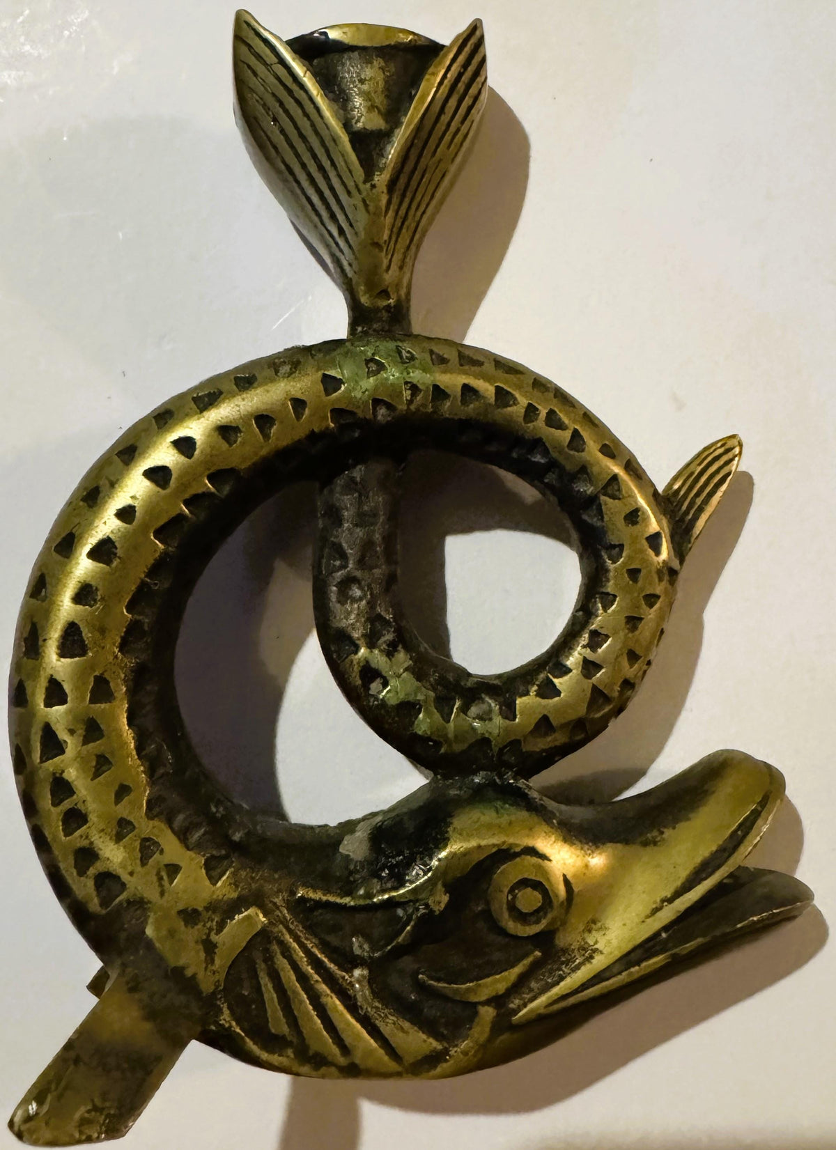 Vintage Bronze Fish Candlestick 🐟 Coiled Figural Candle Holder with Aged Verdigris Patina