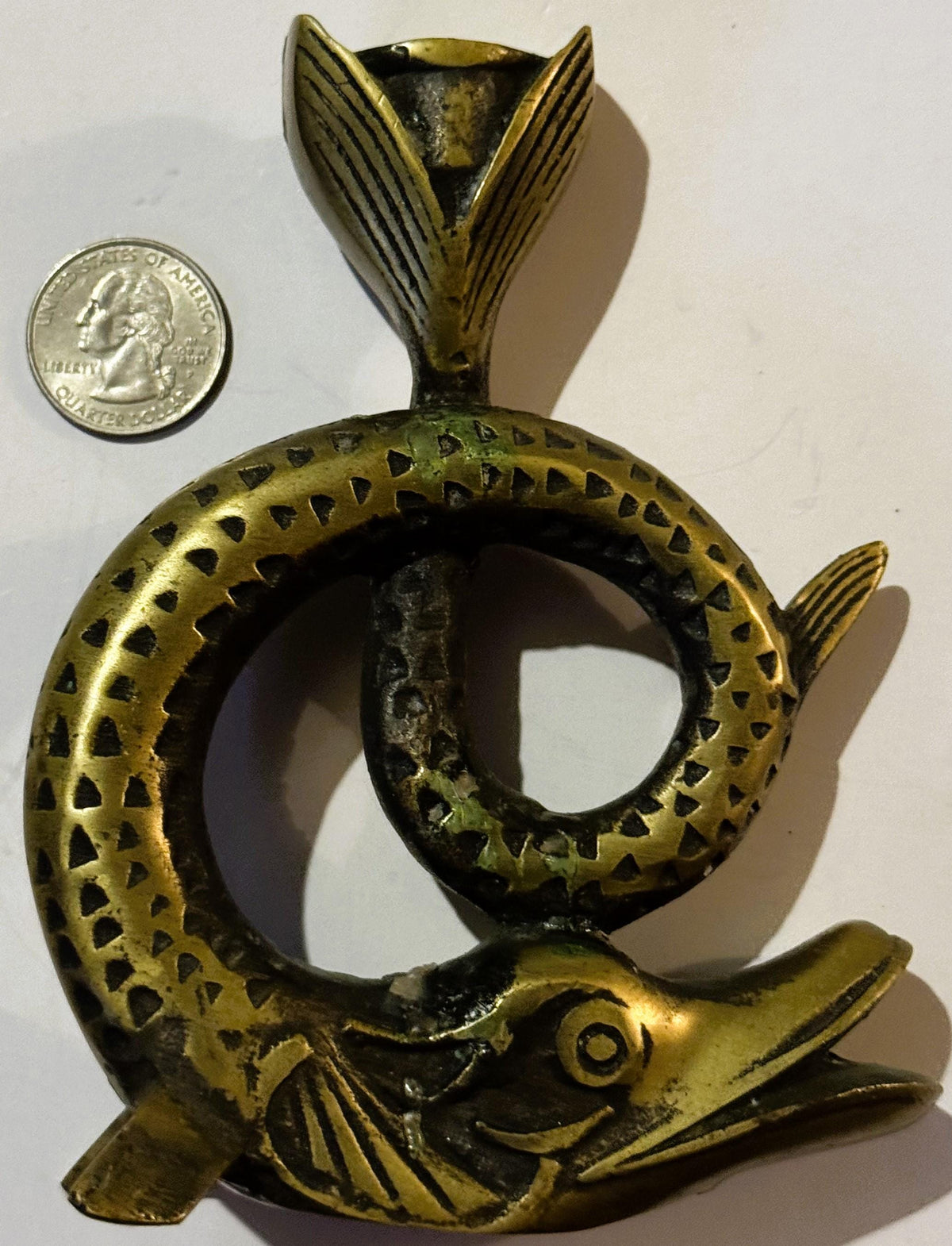 Vintage Bronze Fish Candlestick 🐟 Coiled Figural Candle Holder with Aged Verdigris Patina