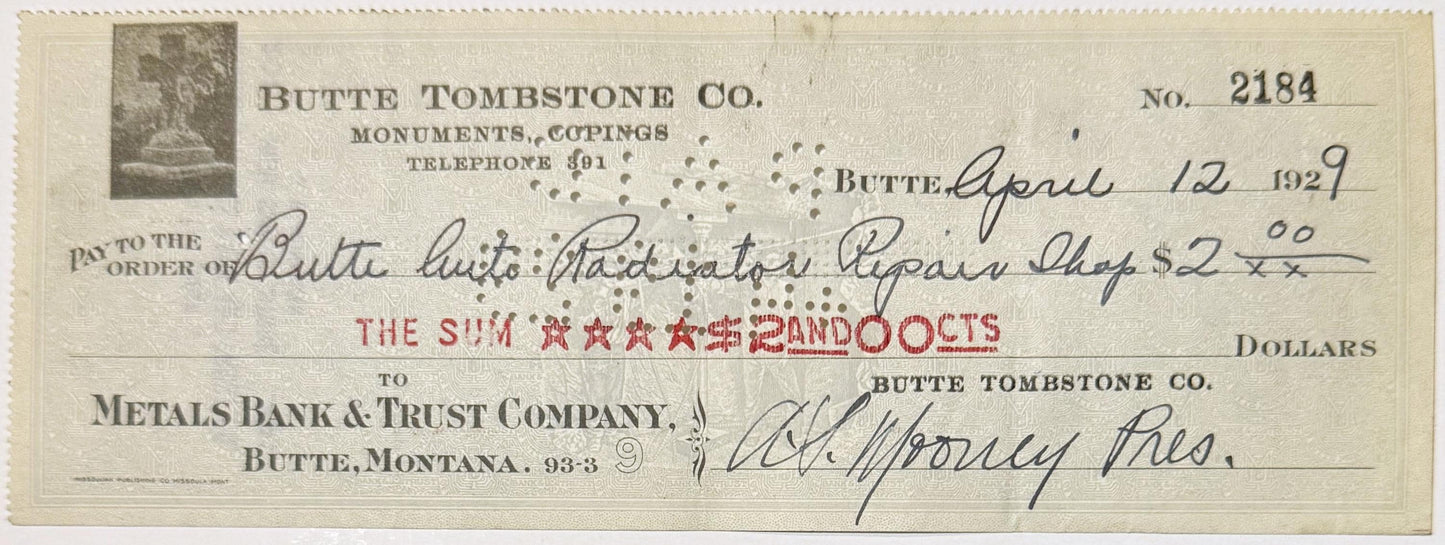 Antique 1920s - 1930s Butte Tombstone Company Checks from Montana Mining Era