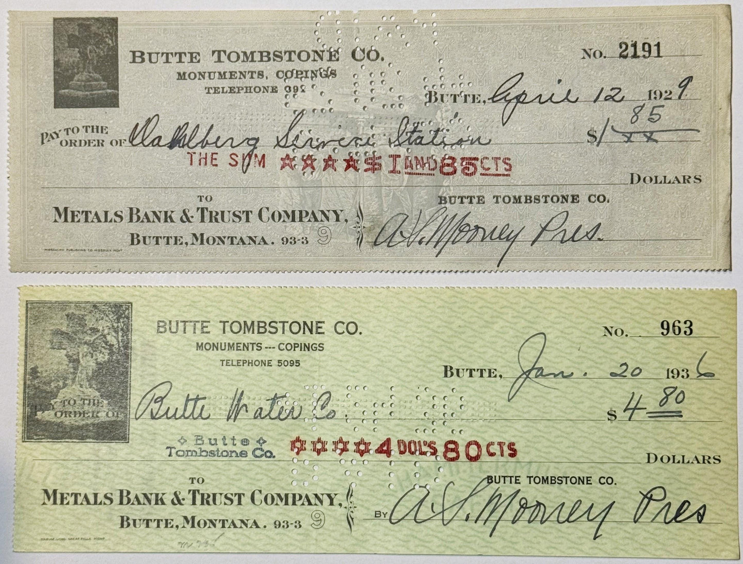Antique 1920s - 1930s Butte Tombstone Company Checks from Montana Mining Era