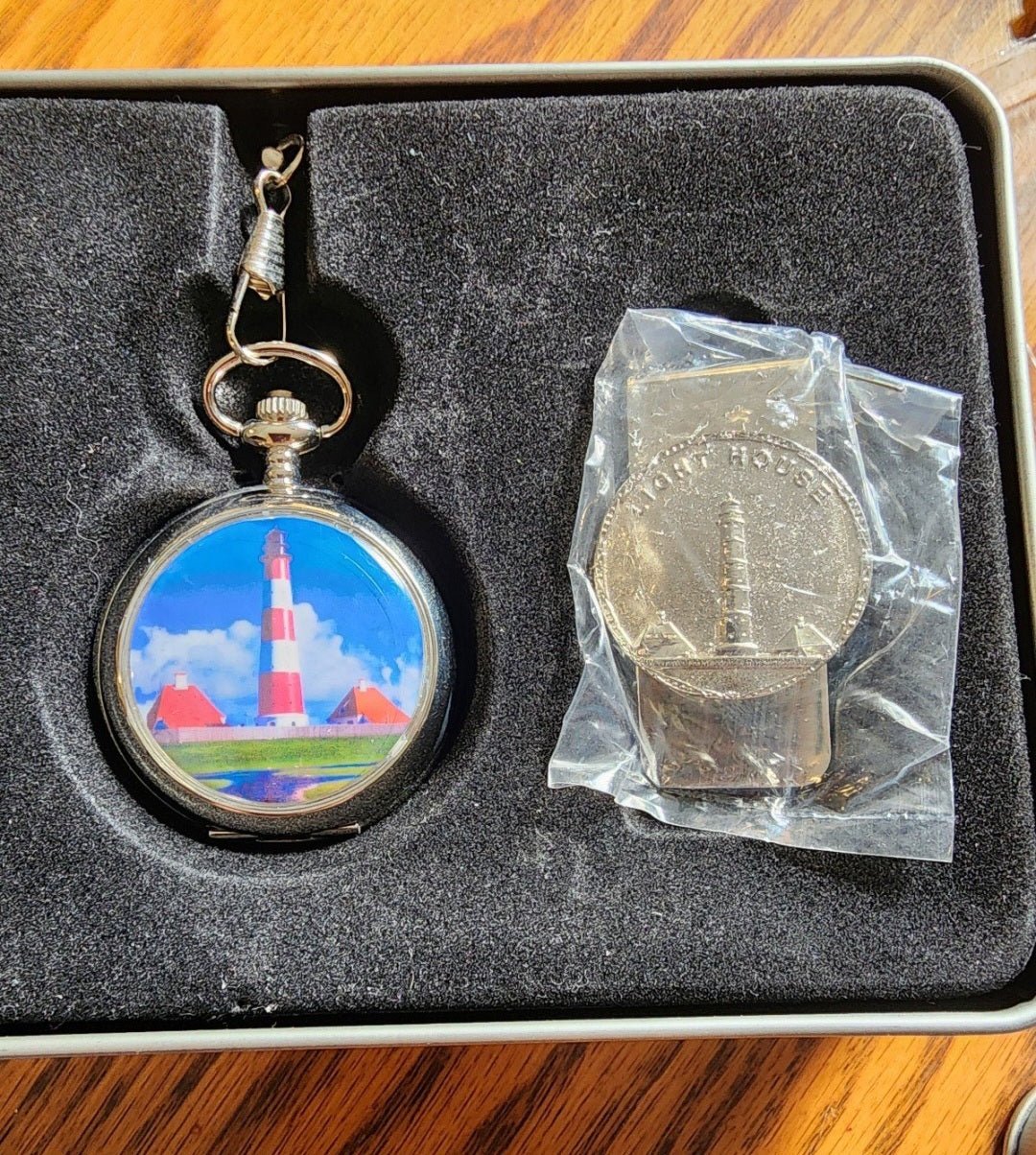 Lighthouse Pocket Watch and Money Clip in Tin Box - I Bought a Yard Sale