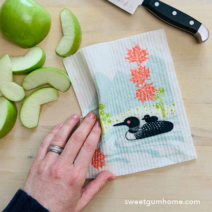 Loons on the lake Swedish Dishcloth - I Bought a Yard Sale