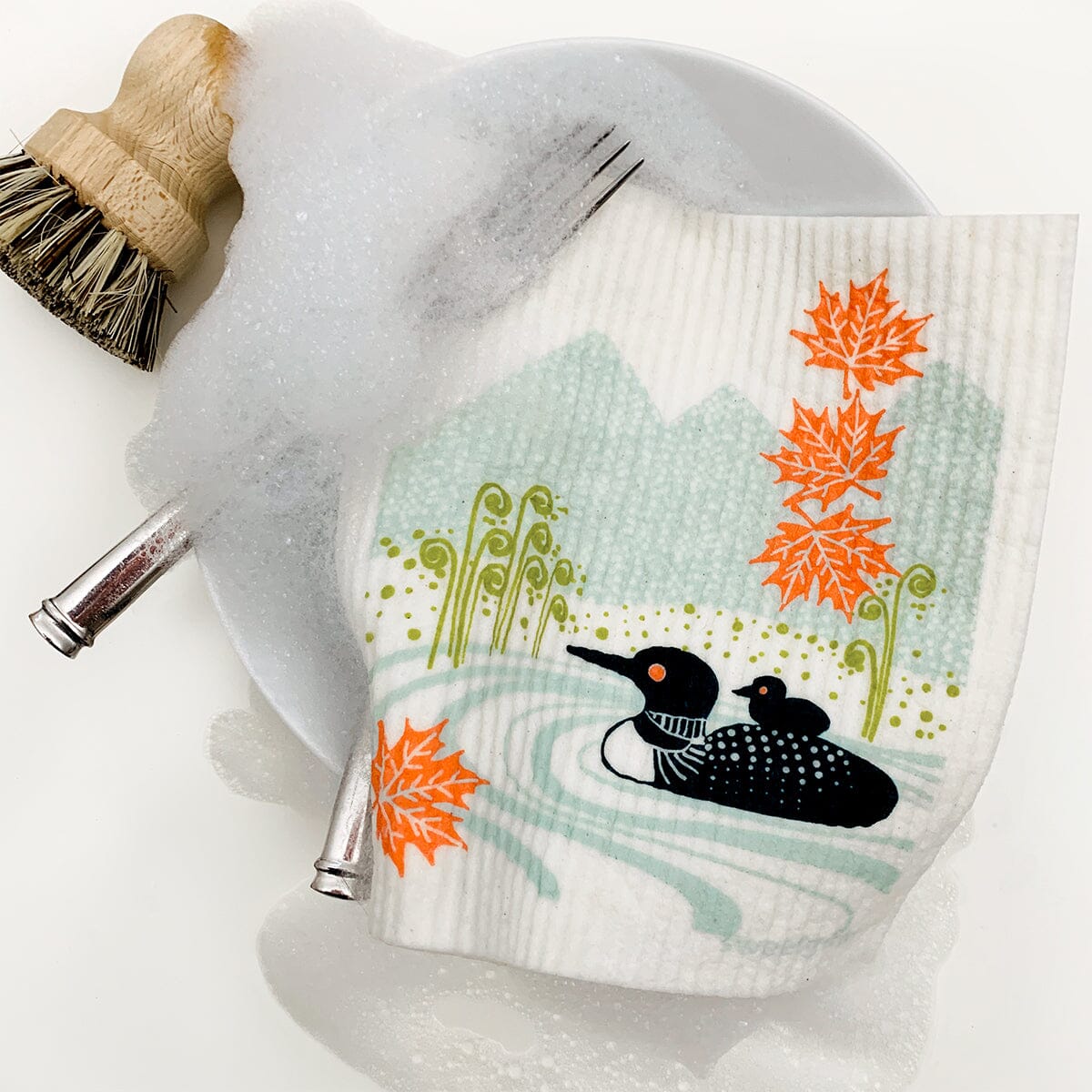Loons on the lake Swedish Dishcloth - I Bought a Yard Sale