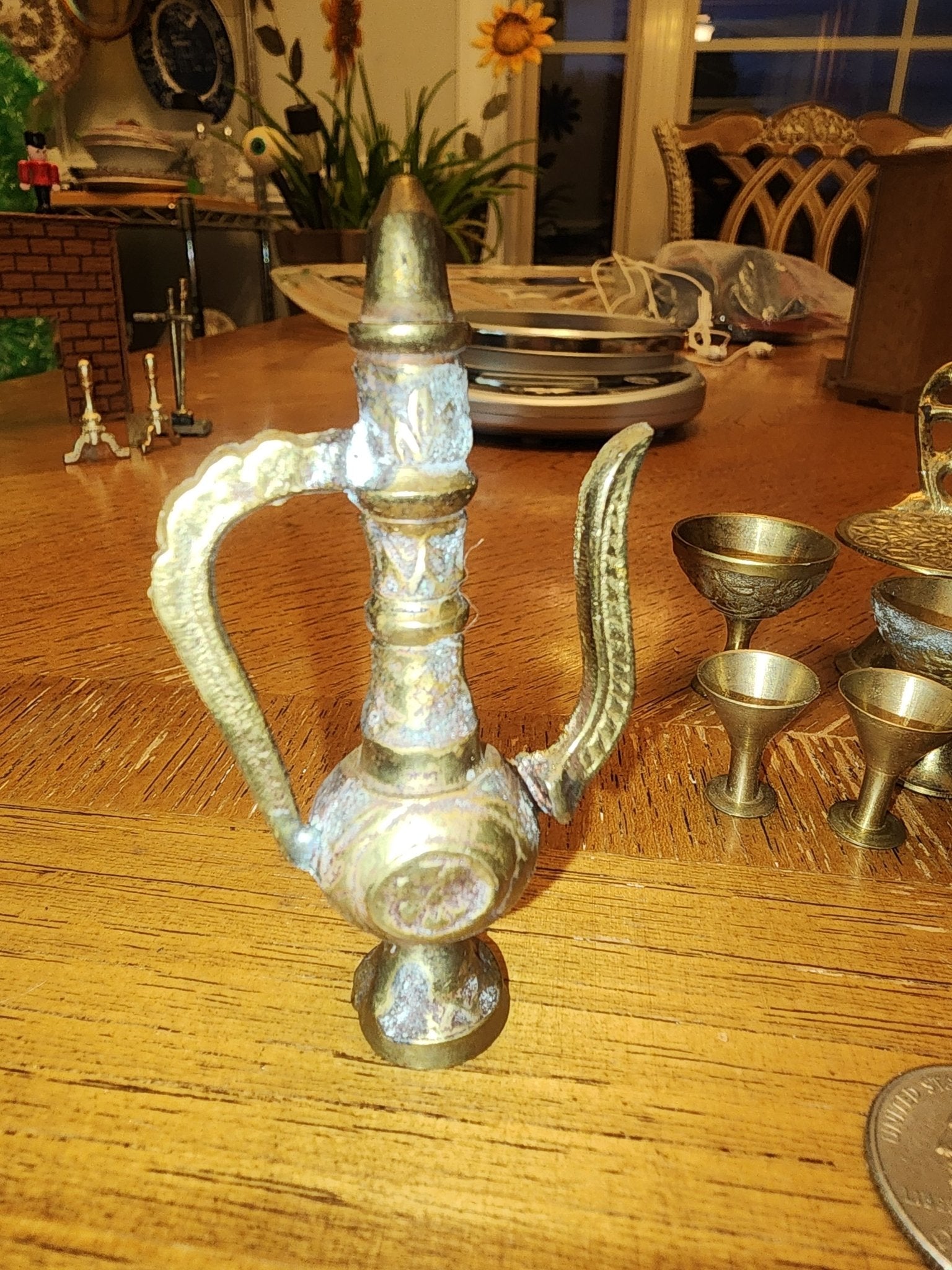 Miniature brass wine decanter and glasses and garden chair - I Bought a Yard Sale