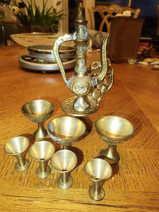 Miniature brass wine decanter and glasses and garden chair - I Bought a Yard Sale