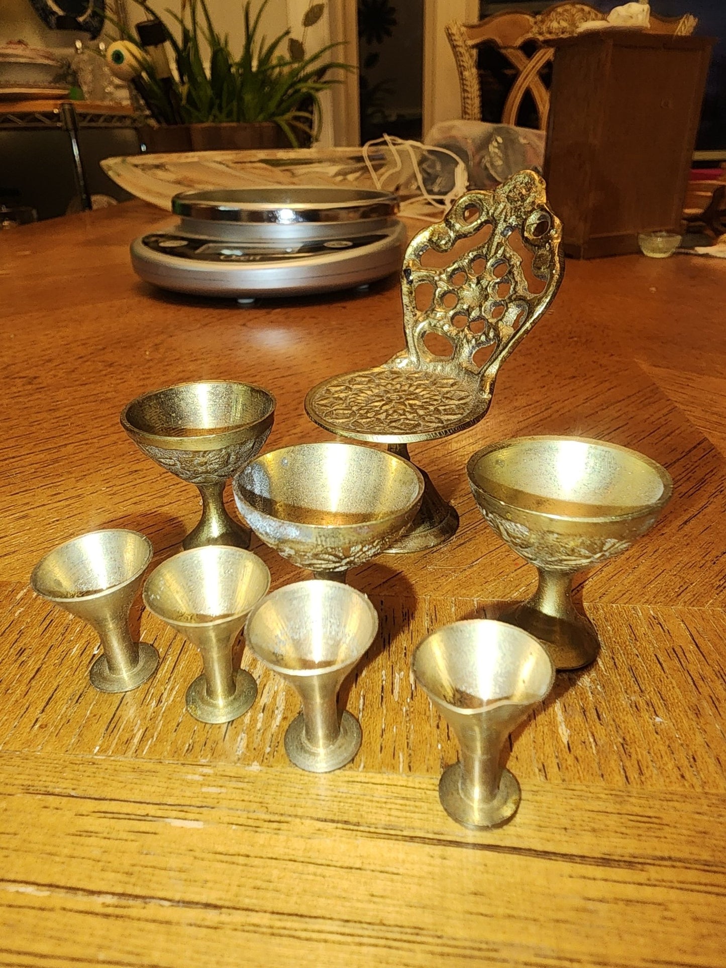 Miniature brass wine decanter and glasses and garden chair - I Bought a Yard Sale