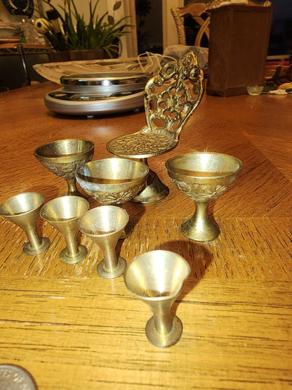 Miniature brass wine decanter and glasses and garden chair - I Bought a Yard Sale