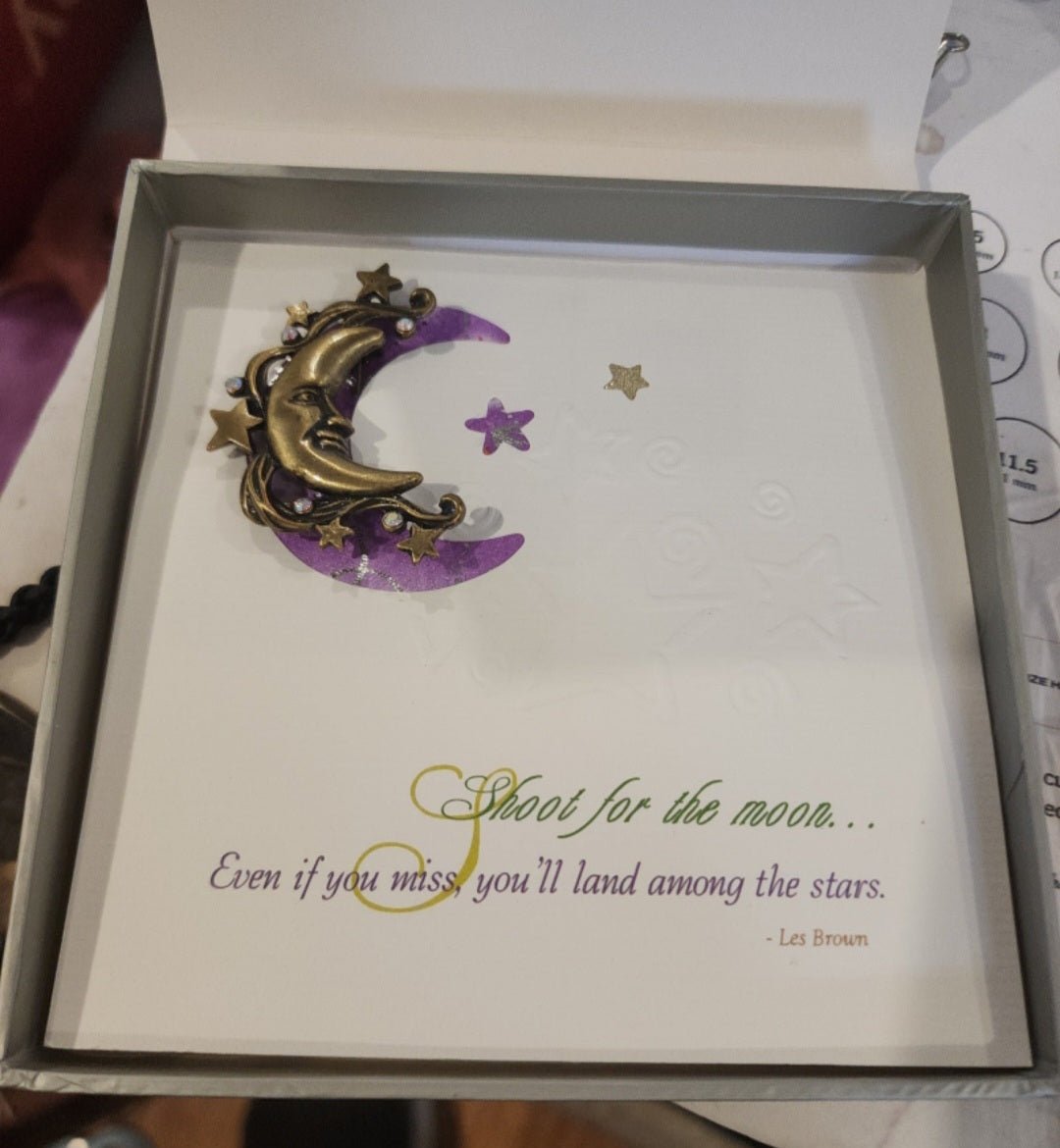 Moon & Stars Brooch / Pin with Shoot for the Stars Inspiration Card - I Bought a Yard Sale