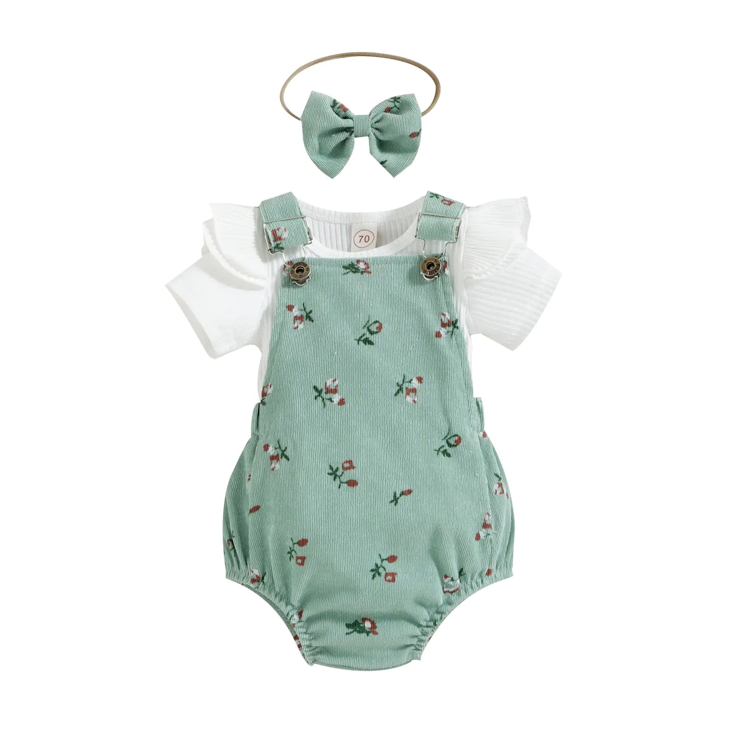 Girls' Floral Corduroy Suspender Pants Set with Headband