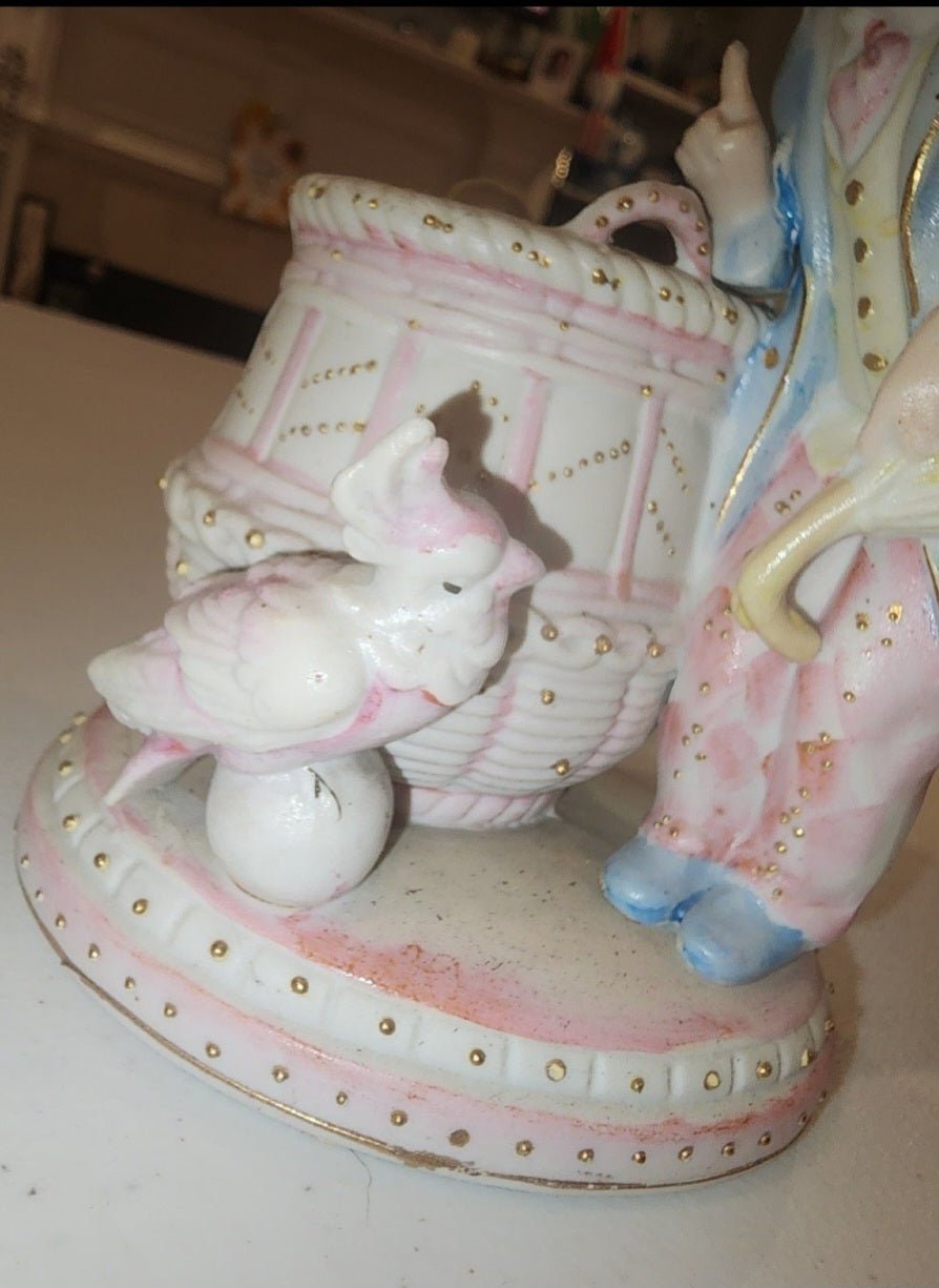 Occupied Japan Paul Ux Victorian Boy w Cockatoo and basket in pink blue and Gold - I Bought a Yard Sale