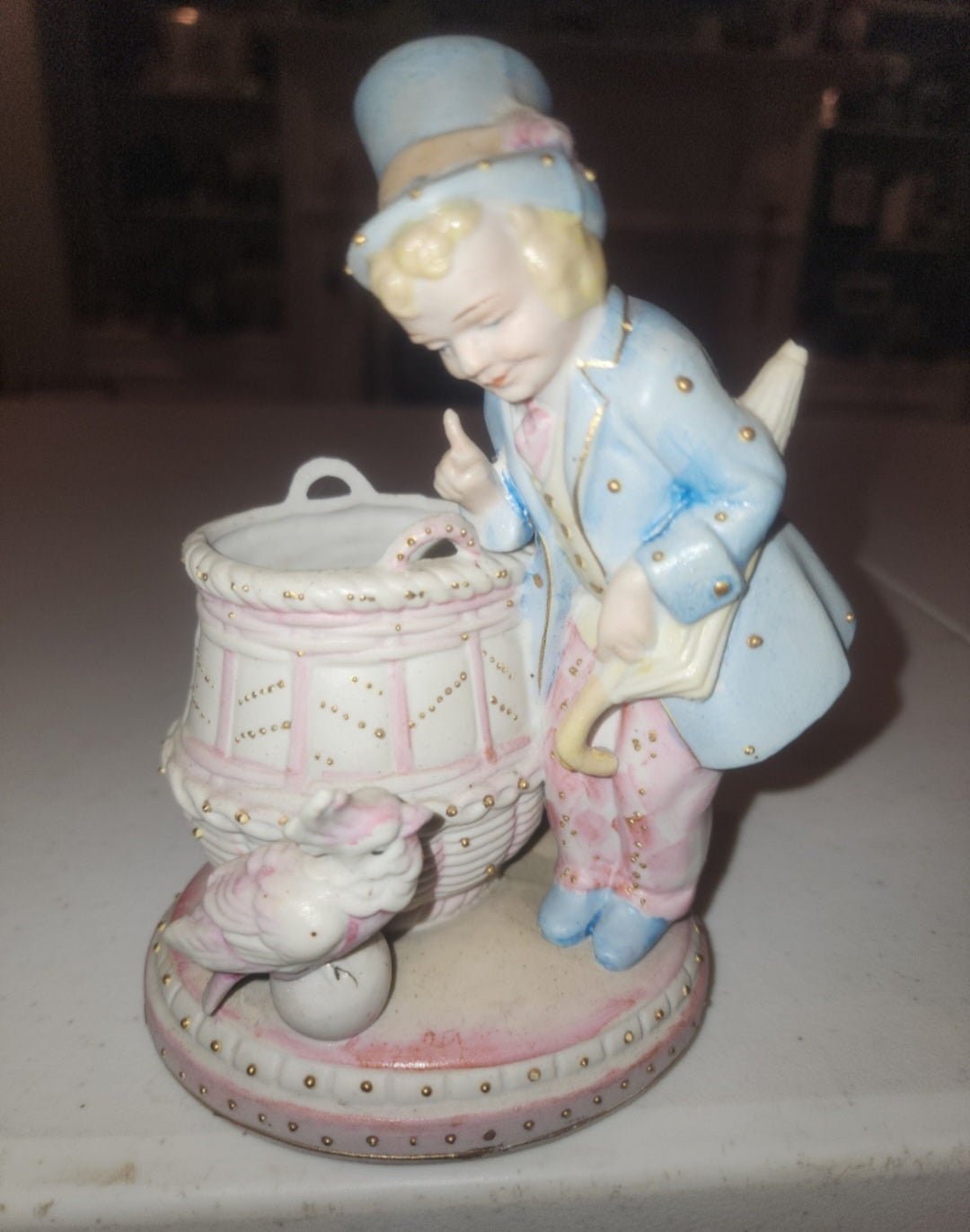 Occupied Japan Paul Ux Victorian Boy w Cockatoo and basket in pink blue and Gold - I Bought a Yard Sale