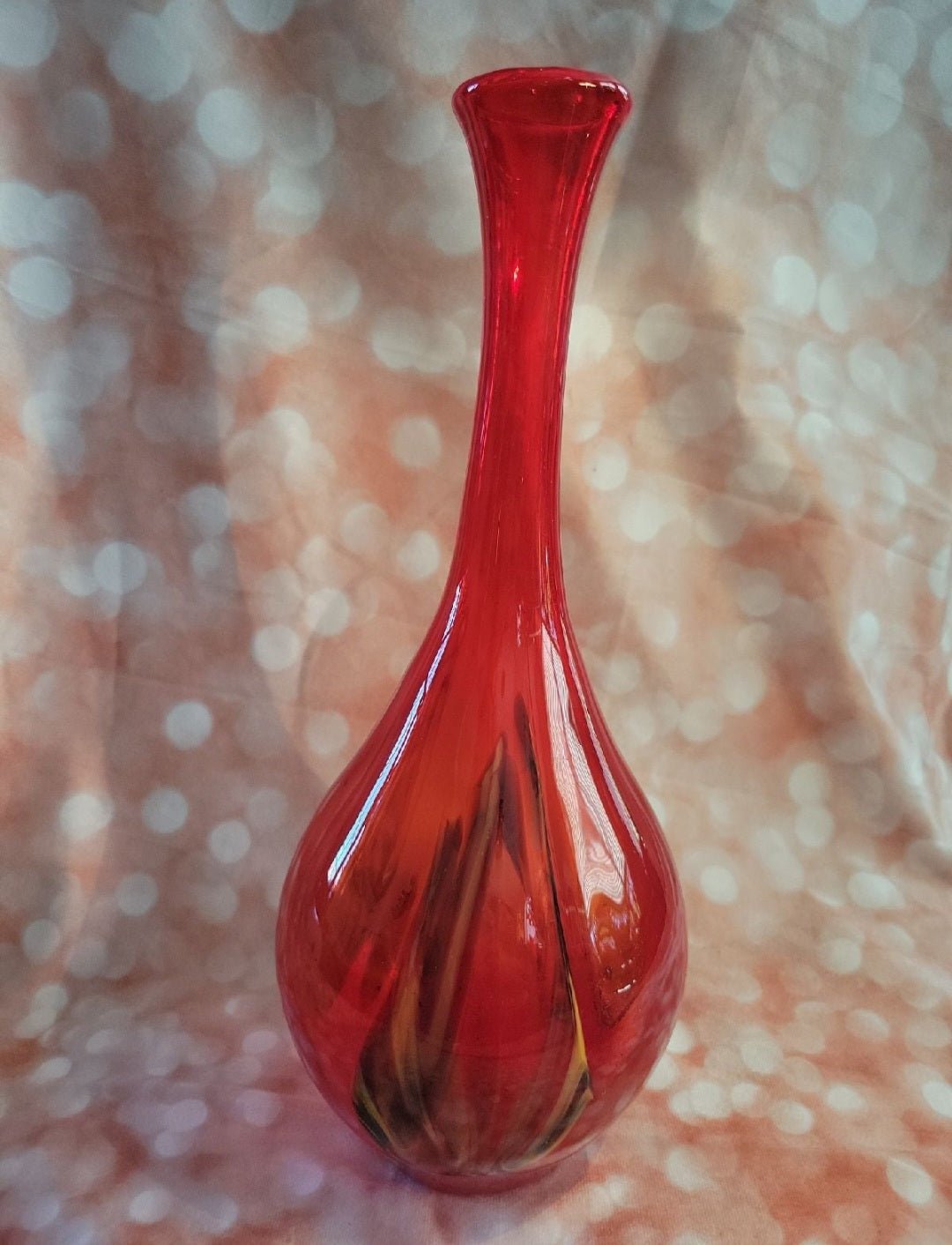 Pier One blown Red glass vase with yellow, blue and black swirls Retro - I Bought a Yard Sale