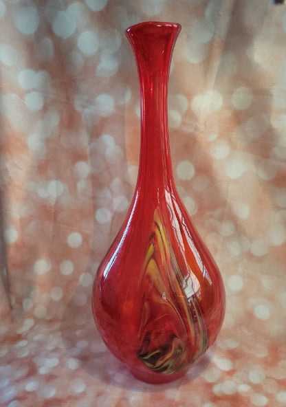 Pier One blown Red glass vase with yellow, blue and black swirls Retro - I Bought a Yard Sale