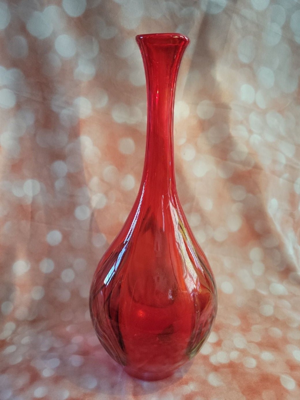 Pier One blown Red glass vase with yellow, blue and black swirls Retro - I Bought a Yard Sale