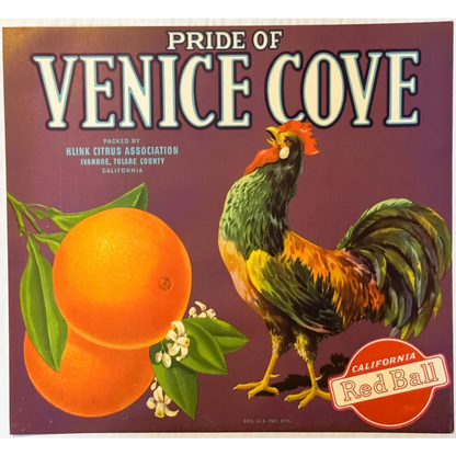 Antique 1930s Pride of Venice Cove Orange Crate Label — Klink Citrus Association, Ivanhoe, Tulare County CA