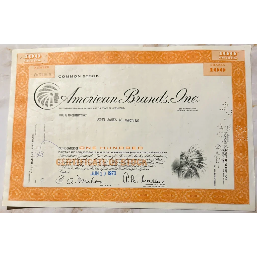 Vintage American Brands Stock Certificate 📜 Native American Chief Vignette, New Jersey Tobacco Americana